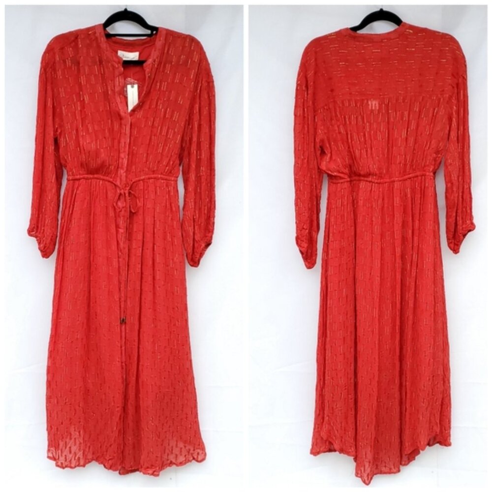 NWT Anthropologie Red Gold Shimmer Button Front Dress - Picture 2 of 9